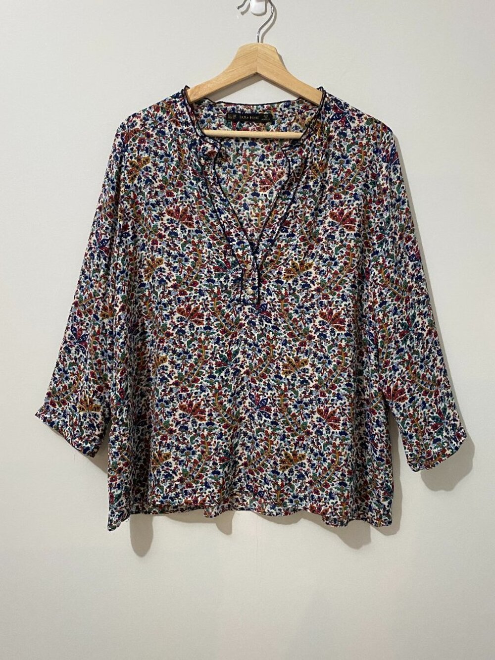 Zara Floral Paisley Peasant Blouse Boho Split V-Neck Flowy Plus Size Blouse